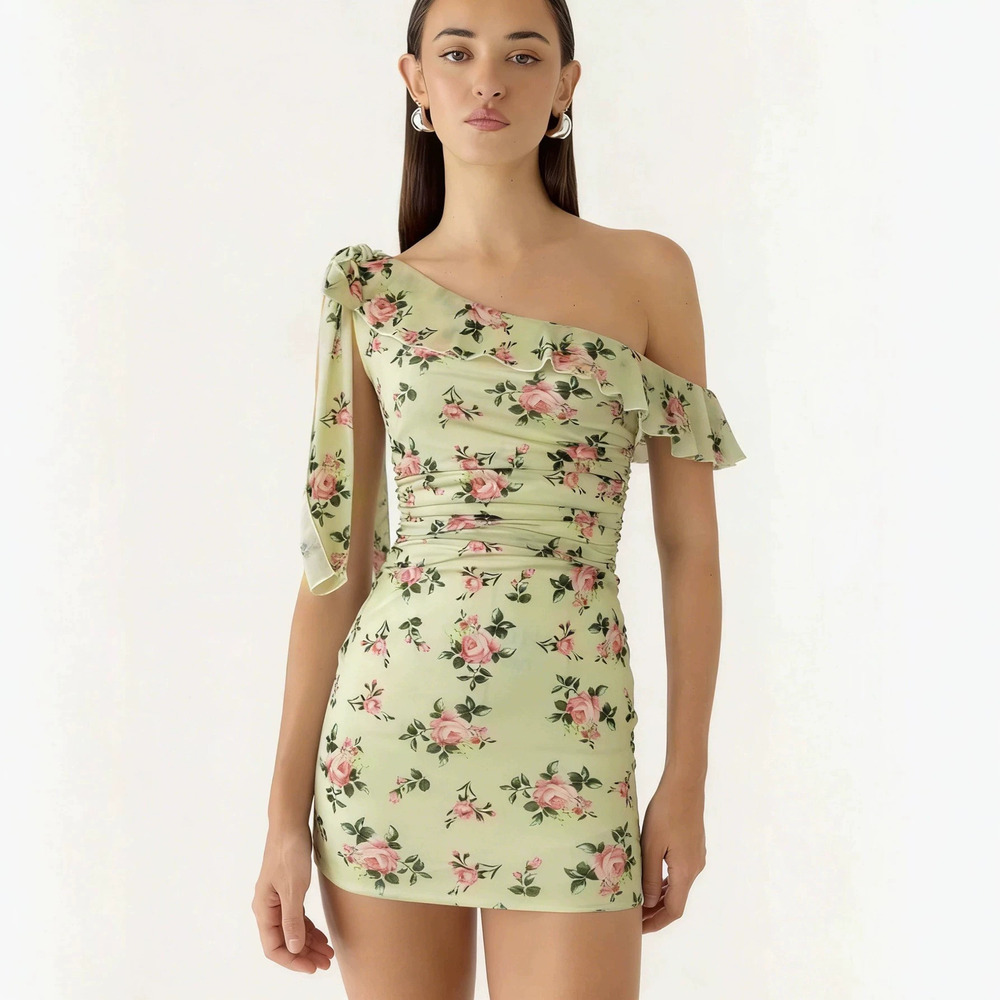 H&M Rose Print One Shoulder Tie Dress French Style Waist Slimming Short Dress
